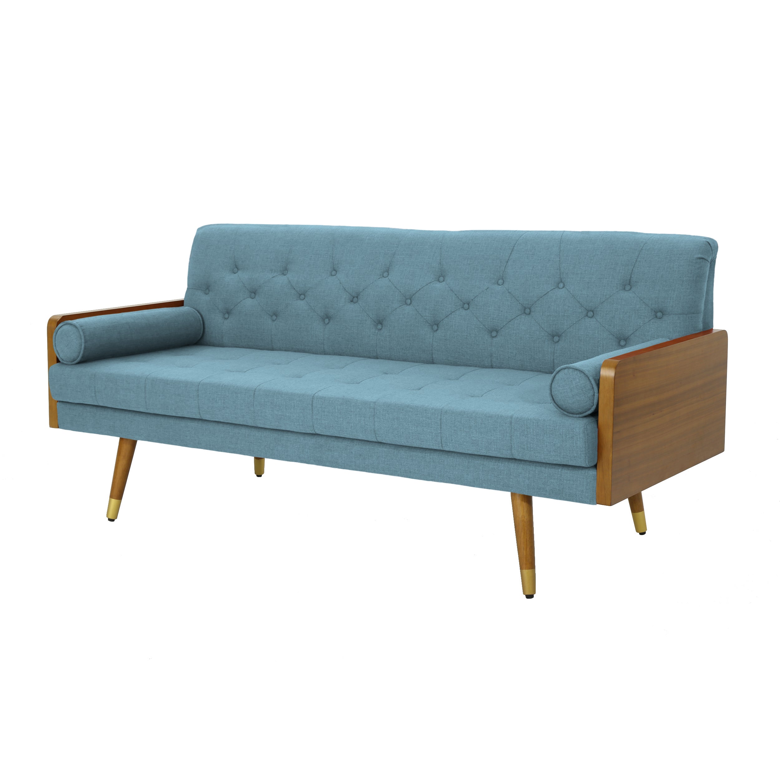 Mid-Century Modern Sofa with Button Tufting & Gold-Tipped Rubberwood Legs – Fabric Upholstered Living Room Couch