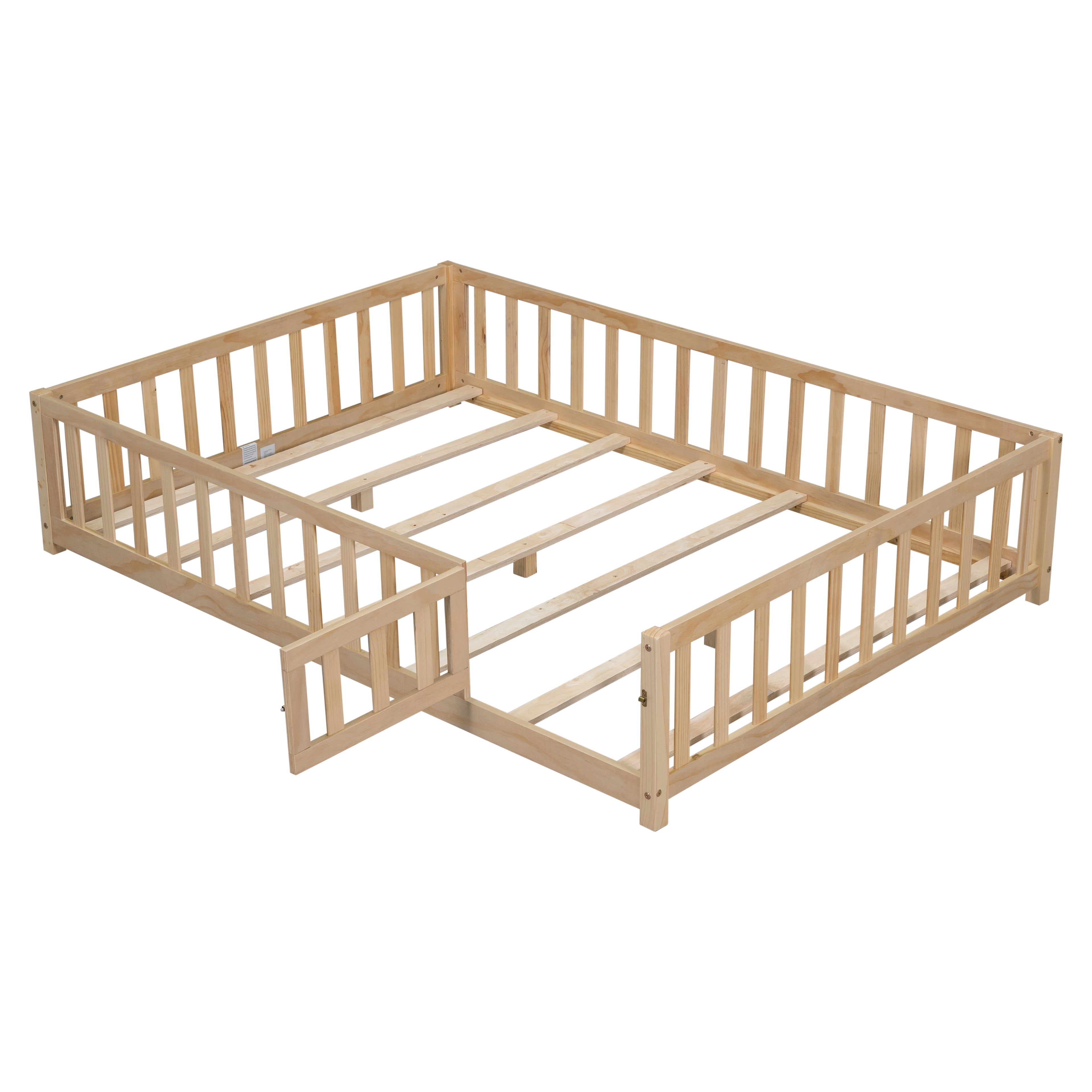 GDFStudio Grace Full-size Wooden Montessori Floor Bed with Fence and Door, Natural