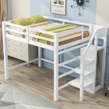 GDFStudio Dawson Loft Bed with Built-in Storage Wardrobe and Staircase, White, Full Size