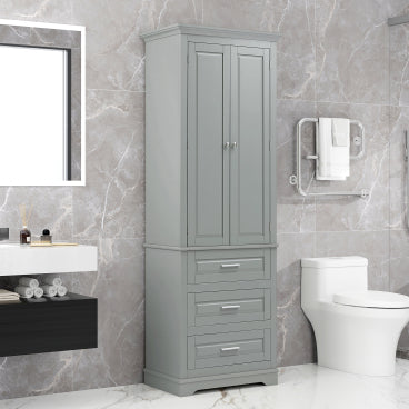 GDFStudio Evelyn Modern Wood Tall Bathroom Storage Cabinet with Enclosed Cabinet, Adjustable Shelf and Three Drawers, Gray