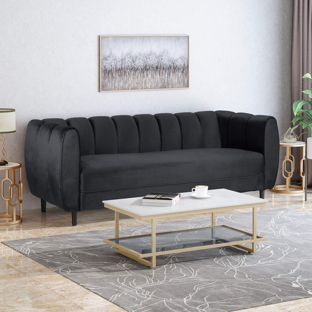 Modern Glam Velvet Sofa with Channel Stitching & Birch Wood Legs ¨C Luxury Upholstered Living Room Couch