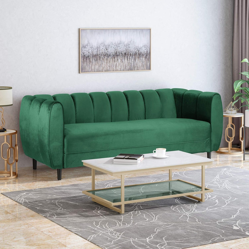Modern Glam Velvet Sofa with Channel Stitching & Birch Wood Legs ¨C Luxury Upholstered Living Room Couch