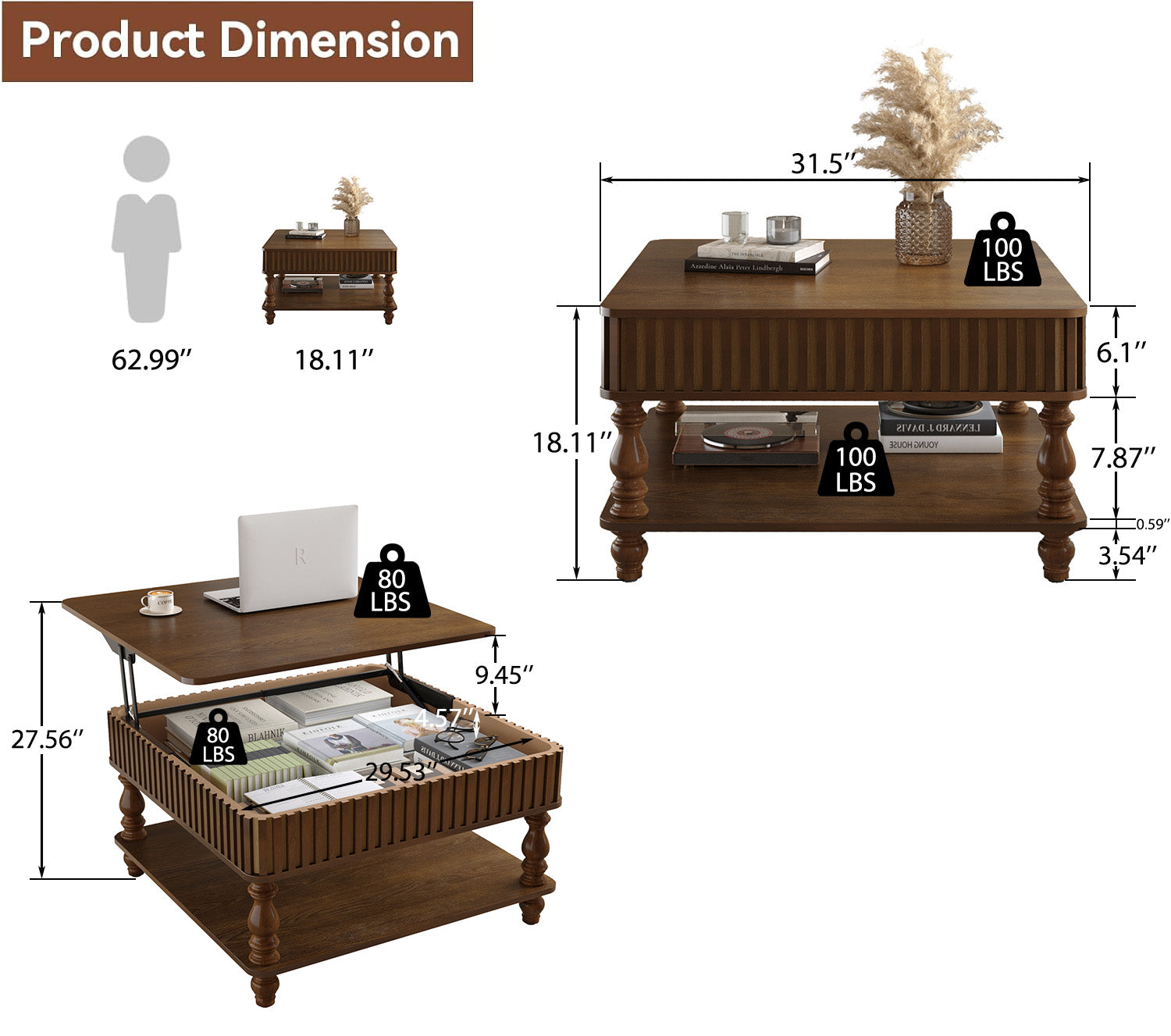 GDFStudio Melisande Mid-Century Modern Square Fluted Lift-Top Coffee Table with Hidden and Open Storage, Walnut Brown