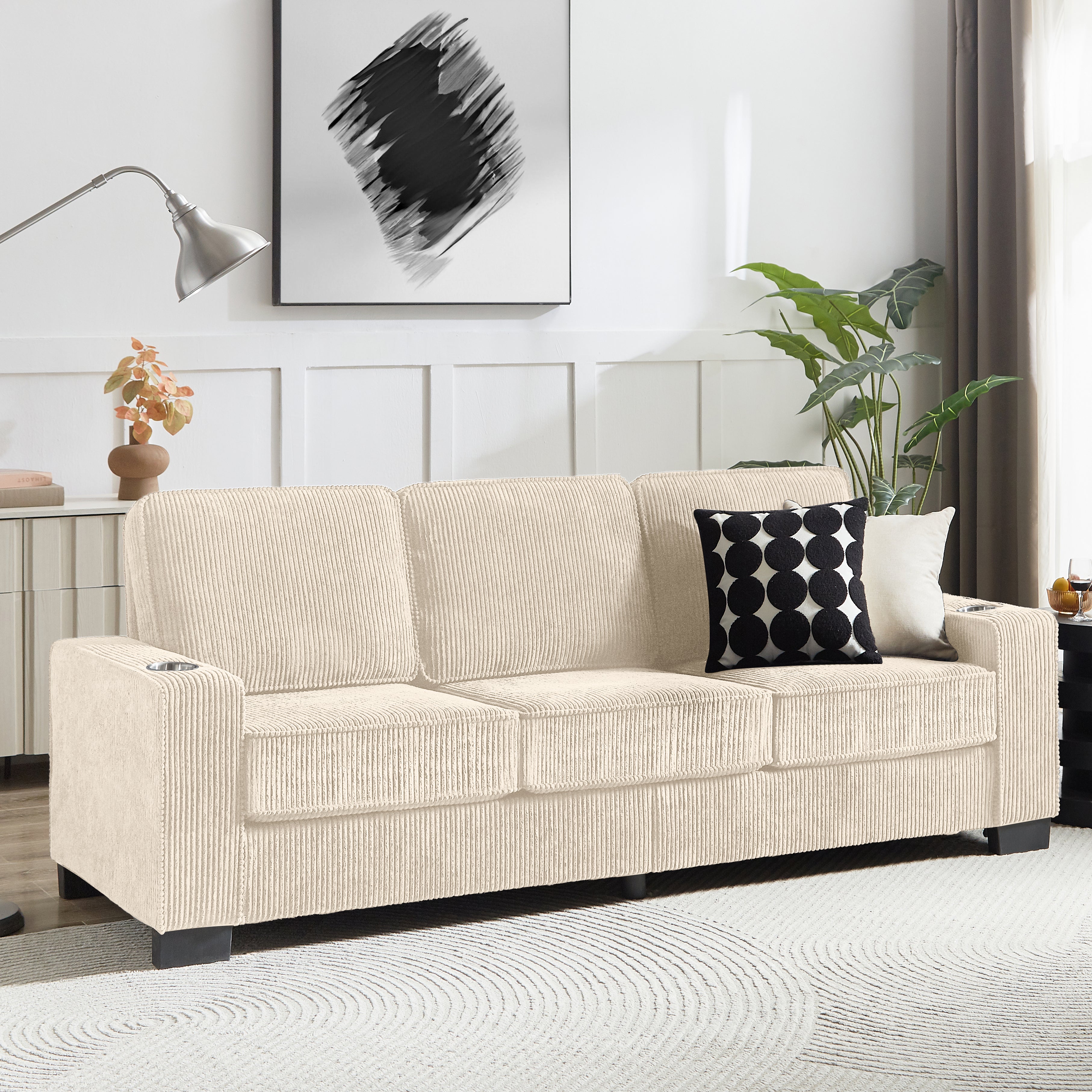 GDFStudio Everly 84" Corduroy Couch with Built-In Cup Holders, Beige