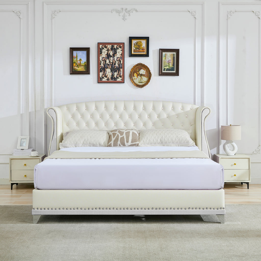 Christopher Knight Home Modern Velvet Wingback Tufted Platform Bed with Nailhead Trim and Silver Legs