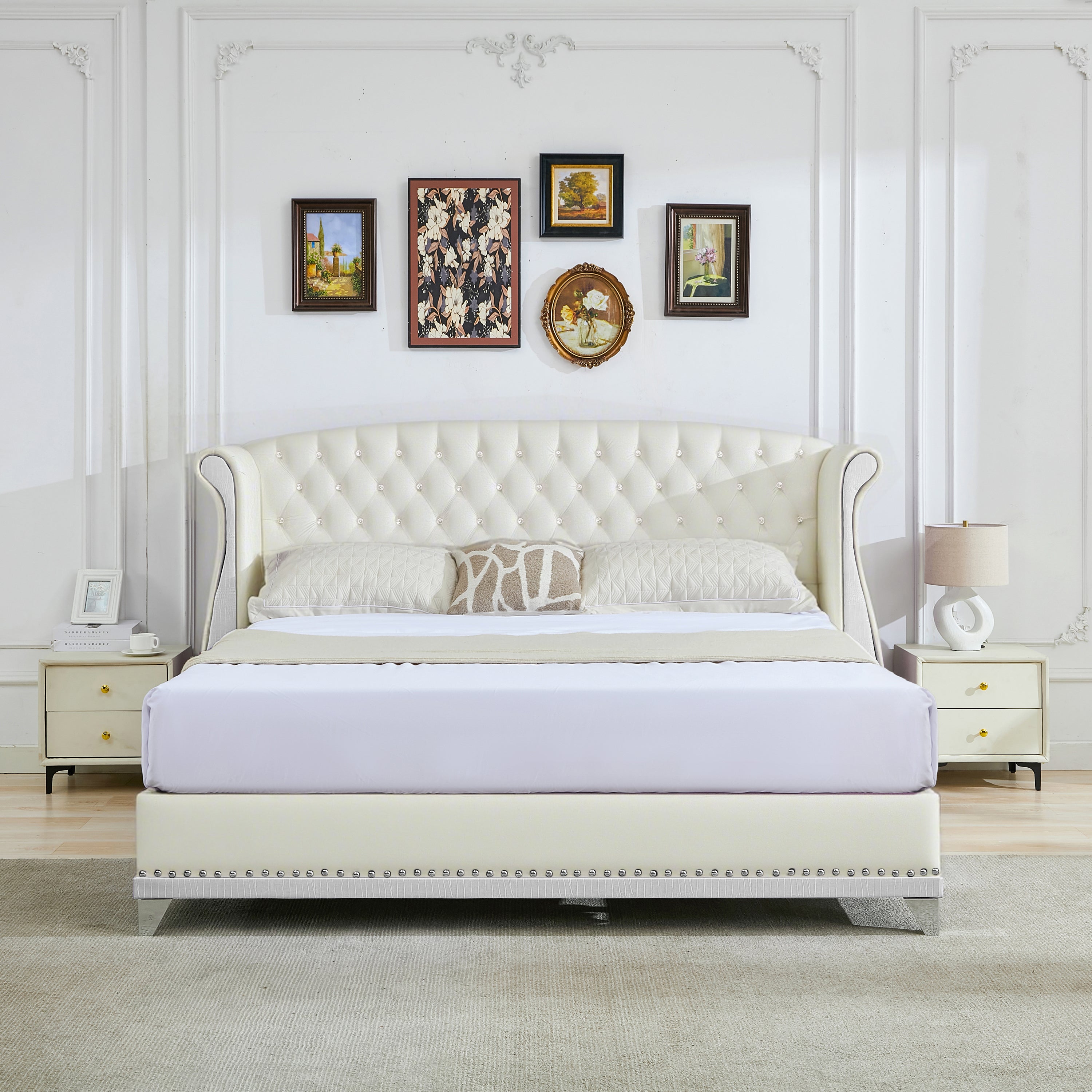 Christopher Knight Home Modern Velvet Wingback Tufted Platform Bed with Nailhead Trim and Silver Legs