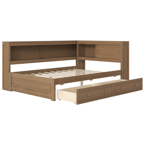 GDFStudio Bolton Wood Daybed with Storage Shelves, USB, LED, and 2 Drawers, Natural, Full Size