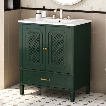 Christopher Knight Home Addy Modern 30" Bathroom Vanity with Ceramic Sink, Shelf and Drawer, Dark Green