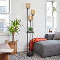 GDFStudio Bach Metal Floor Lamp with 3-Shade and Shelf, Rattan Brown Shade