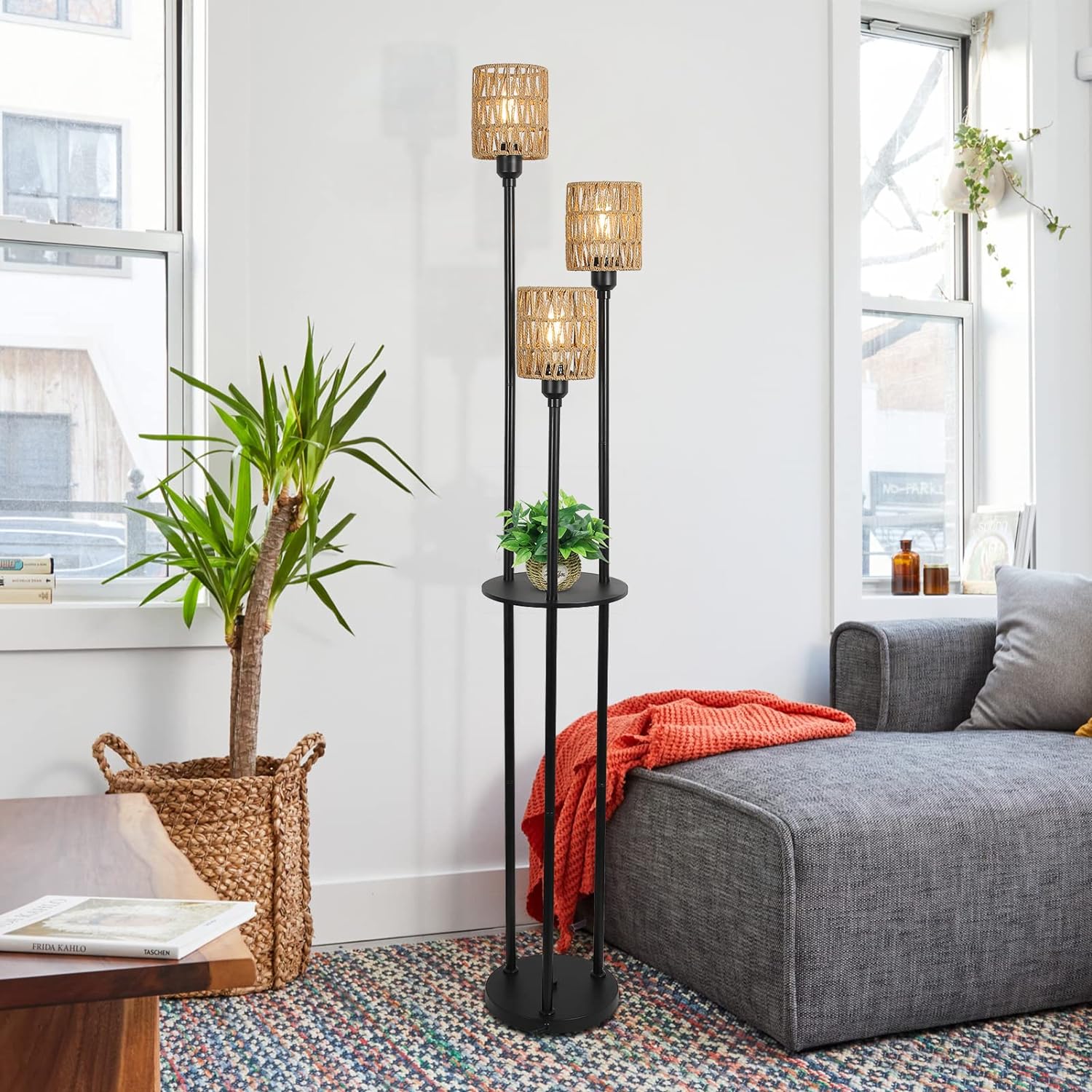 GDFStudio Bach Metal Floor Lamp with 3-Shade and Shelf, Rattan Brown Shade