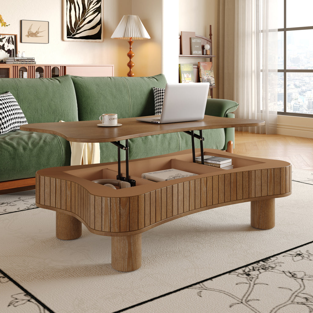 GDFStudio Norton Mid-Century Modern Lift-Top Fluted Wood 42" Coffee Table with Hidden Compartment, Walnut