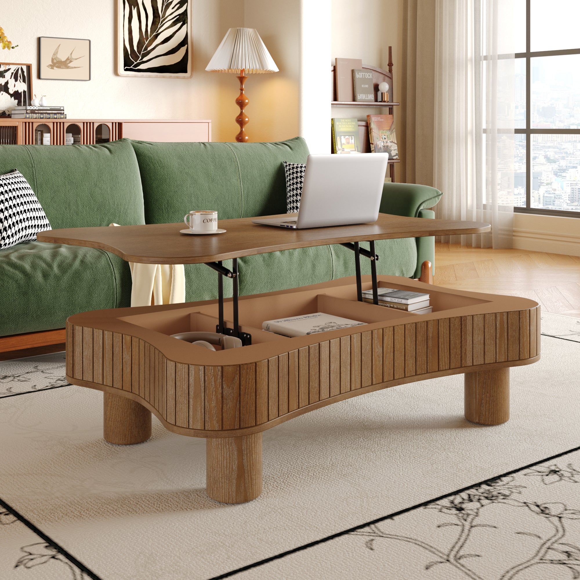 GDFStudio Norton Mid-Century Modern Lift-Top Fluted Wood 42" Coffee Table with Hidden Compartment, Walnut