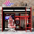 Full Size Gaming Loft Bed with Desk, LED Lights & Open Wardrobe, Space-Saving Loft Bed for Gamers & Small Rooms