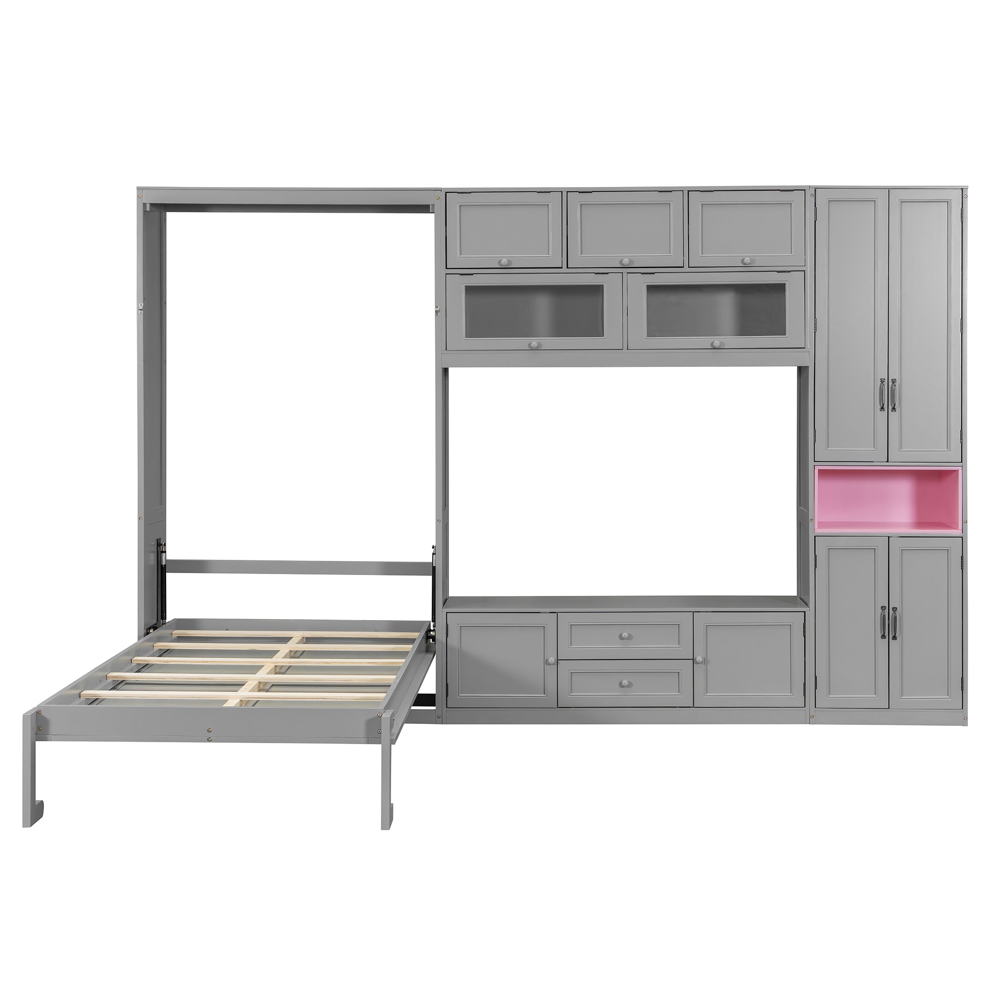 Twin Size Murphy Bed with TV Stand, Storage Drawers & Cabinets, Space-Saving Wall Bed for Small Rooms
