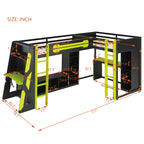 L-Shaped Twin Bunk Bed with LED Lights, USB Ports, TV Stand & Storage Shelves, Solid Wood Gaming Bed Frame