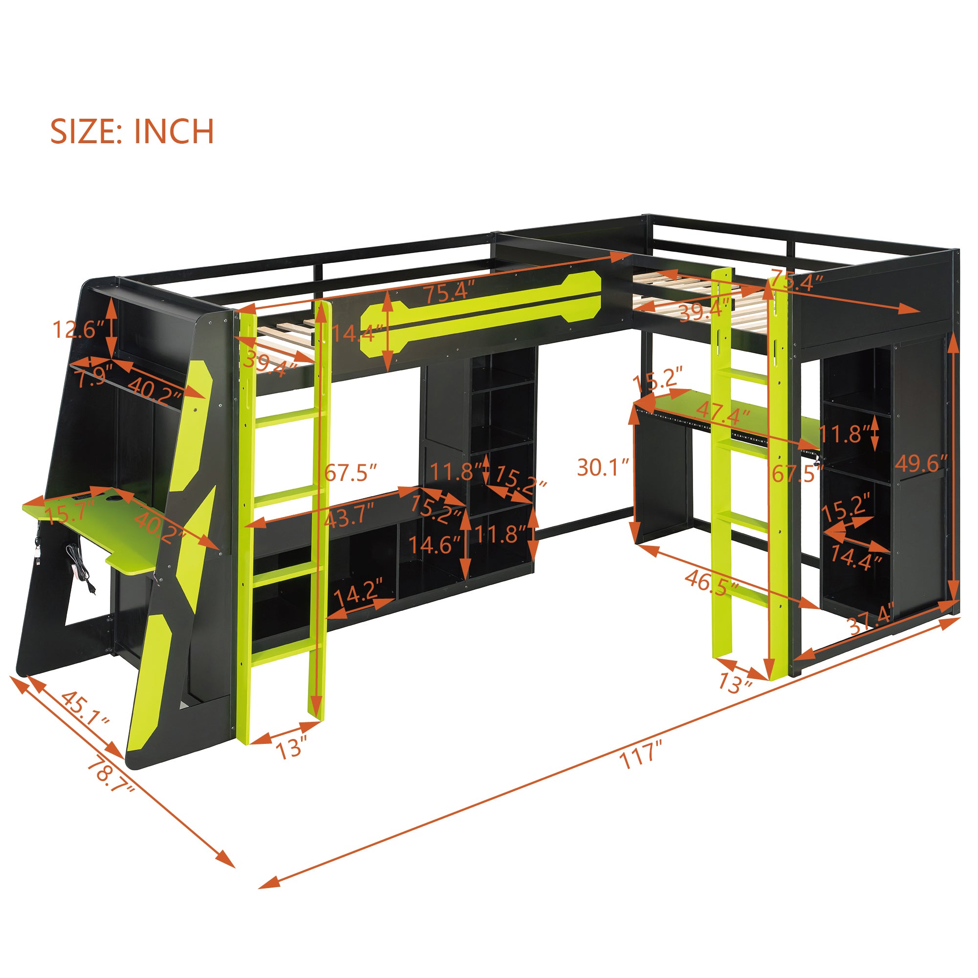 L-Shaped Twin Bunk Bed with LED Lights, USB Ports, TV Stand & Storage Shelves, Solid Wood Gaming Bed Frame