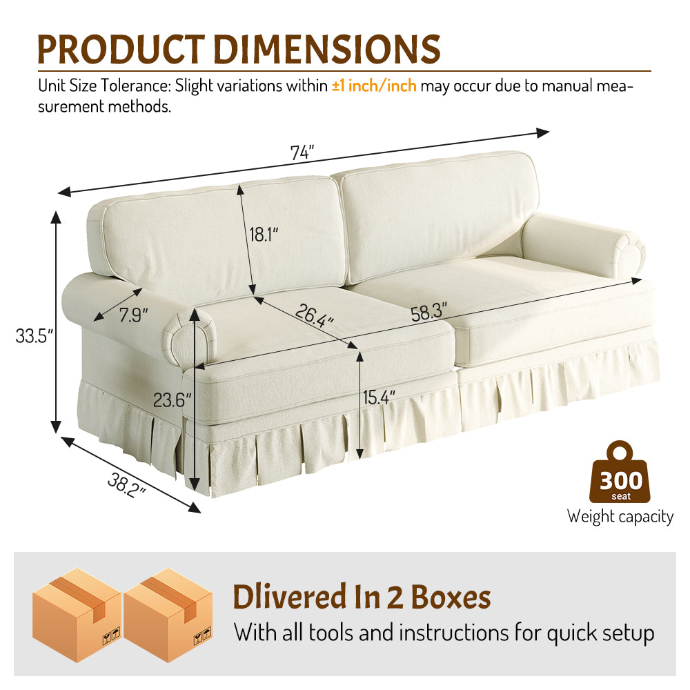 GDFStudio Hana Mid-Century Modern Chenille Upholstered Sofa with Rolled Arms and Pleated Skirt Design, Beige/White, 74"