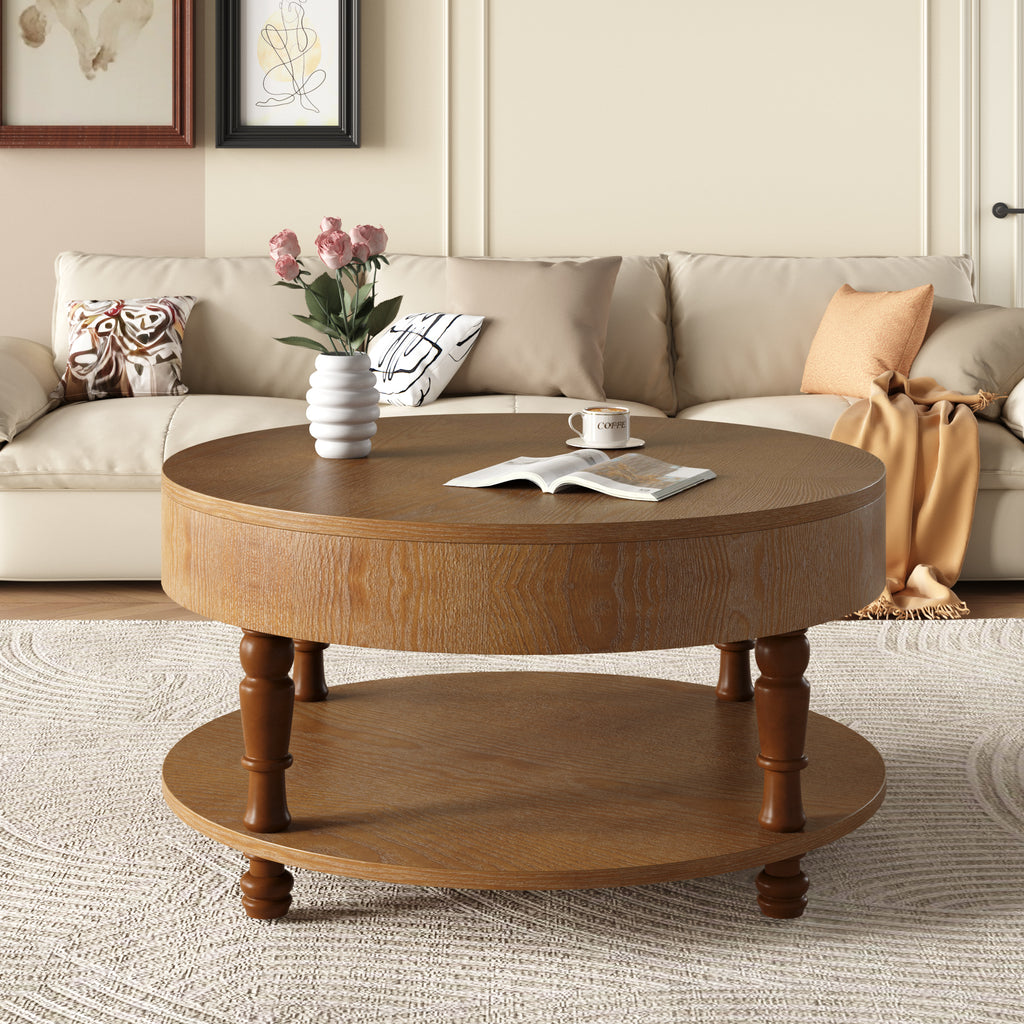 GDFStudio Navia Modern Wooden 31"Round Storage Coffee Table with Shelf, Walnut Brown