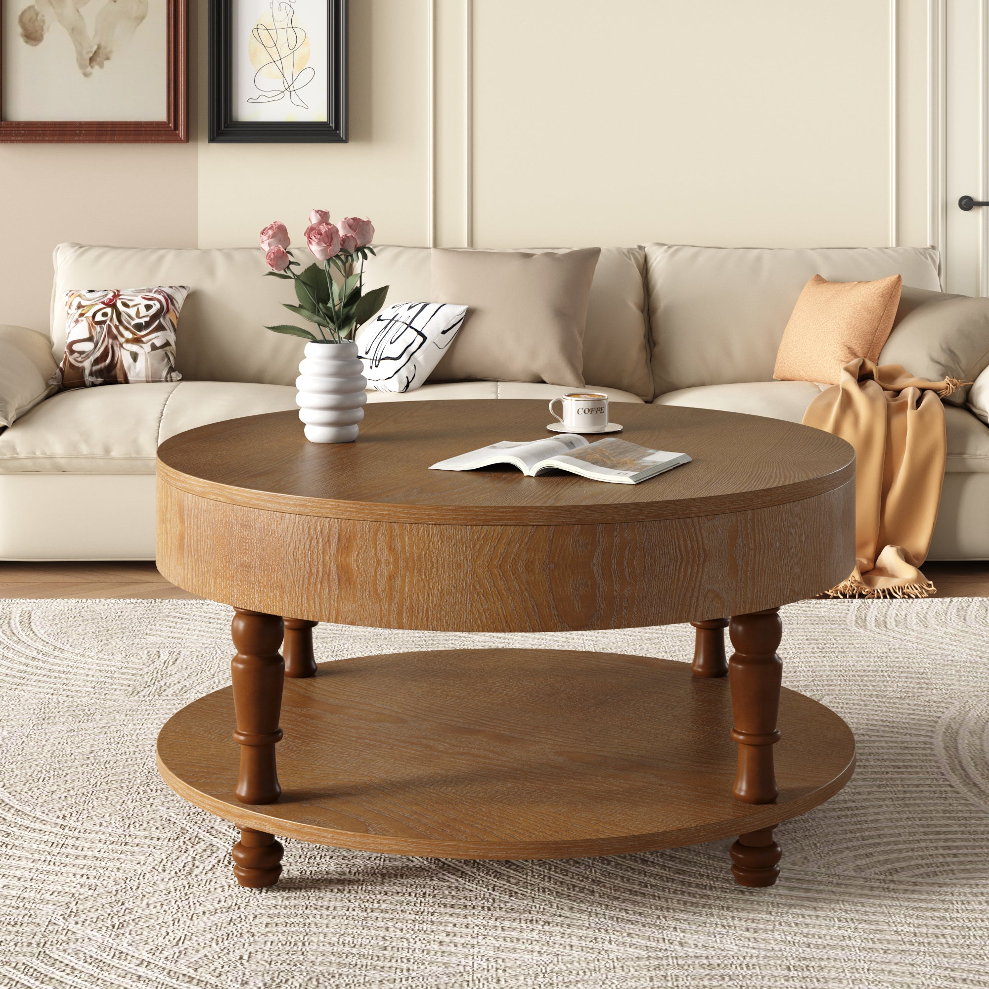 GDFStudio Navia Modern Wooden 31"Round Storage Coffee Table with Shelf, Walnut Brown