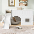 Kids Low Loft Bed with Slide & Storage Shelves, All-in-One Wooden Loft Bed with Underbed Play Fort