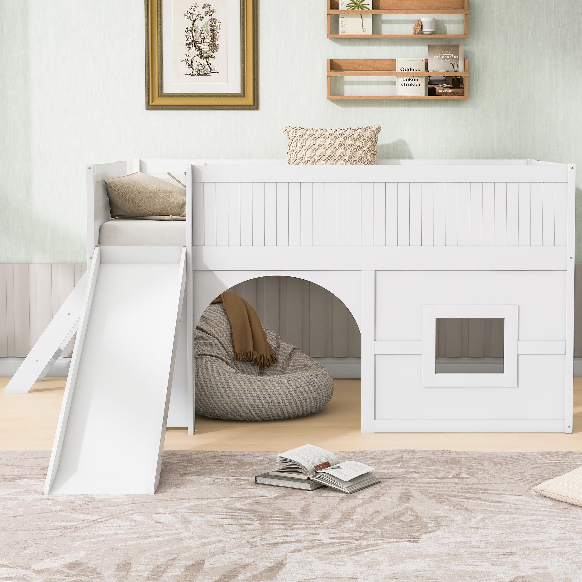 Kids Low Loft Bed with Slide & Storage Shelves, All-in-One Wooden Loft Bed with Underbed Play Fort