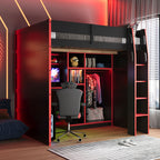 Full Size Gaming Loft Bed with Desk, LED Lights & Open Wardrobe, Space-Saving Loft Bed for Gamers & Small Rooms