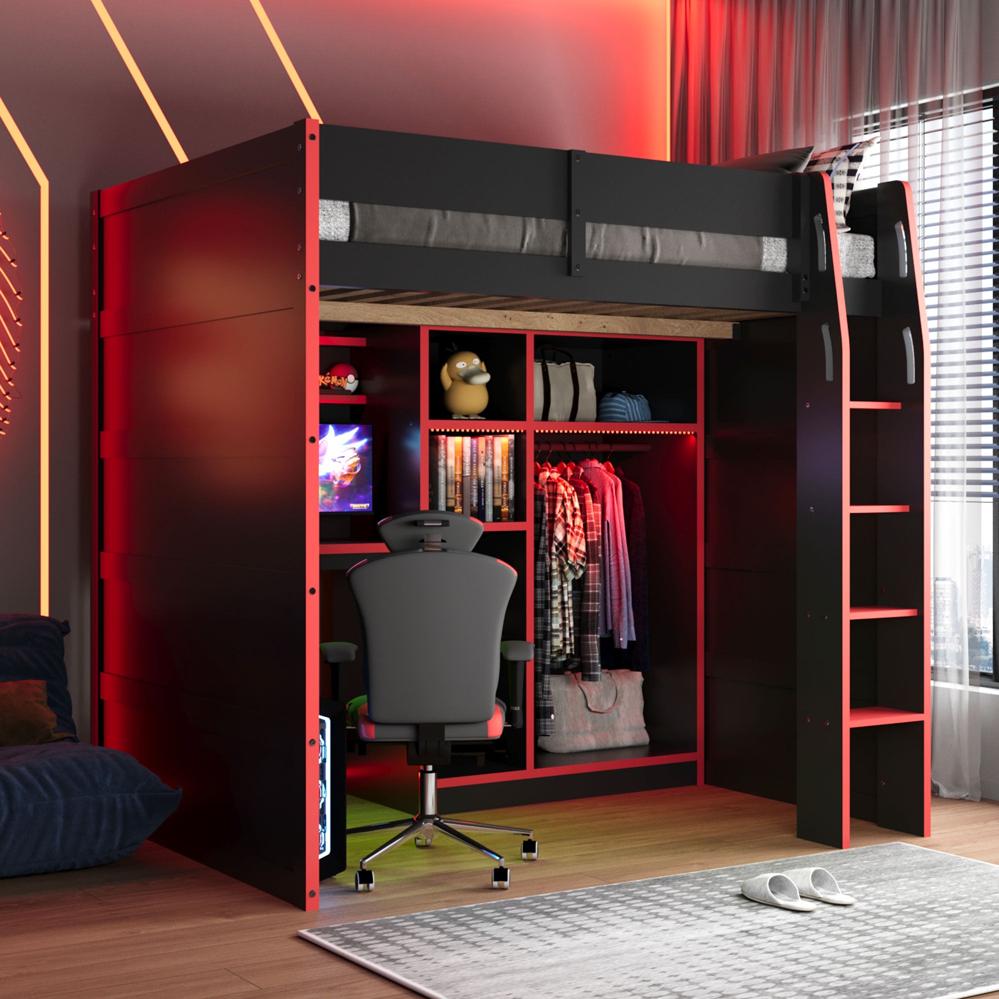 Full Size Gaming Loft Bed with Desk, LED Lights & Open Wardrobe, Space-Saving Loft Bed for Gamers & Small Rooms