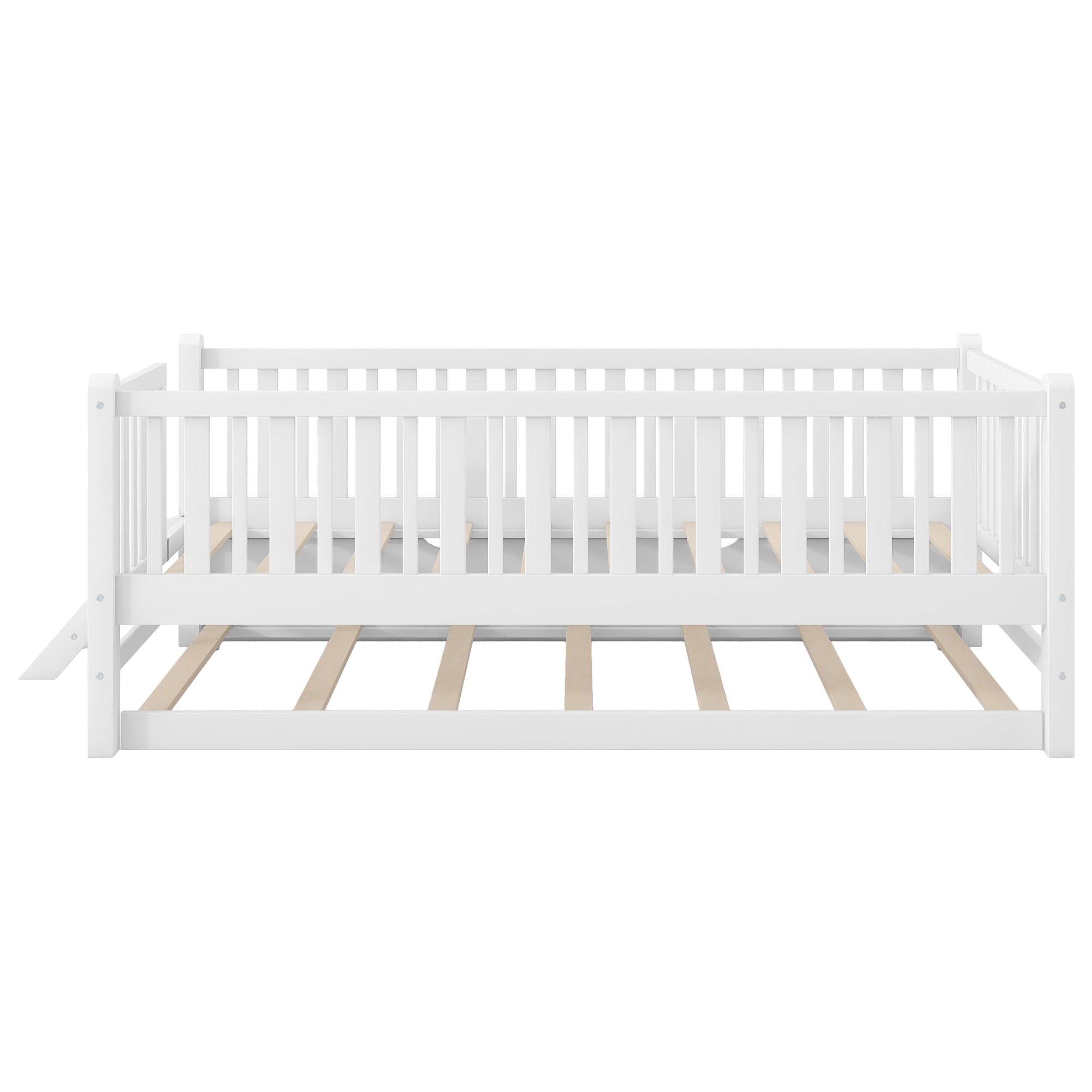 GDF Studio Kids Wooden Platform Bed with Semi-Enclosed Fence & Pull-Out Trundle