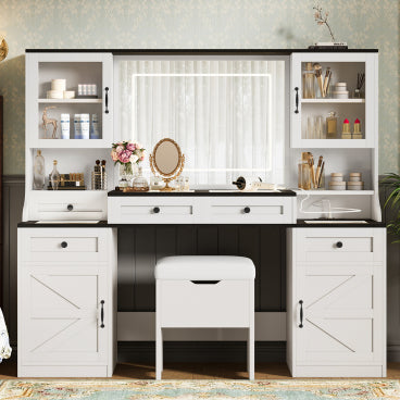 GDFStudio Madison Farmhouse Wood Makeup Vanity Desk with LED Lighted Mirror and Storage Stool, White