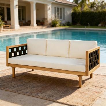 Christopher Knight Home Helen 67.5'' Modern Outdoor Acacia Wood Woven Rope 3-Seater Sofa, Beige/Teak
