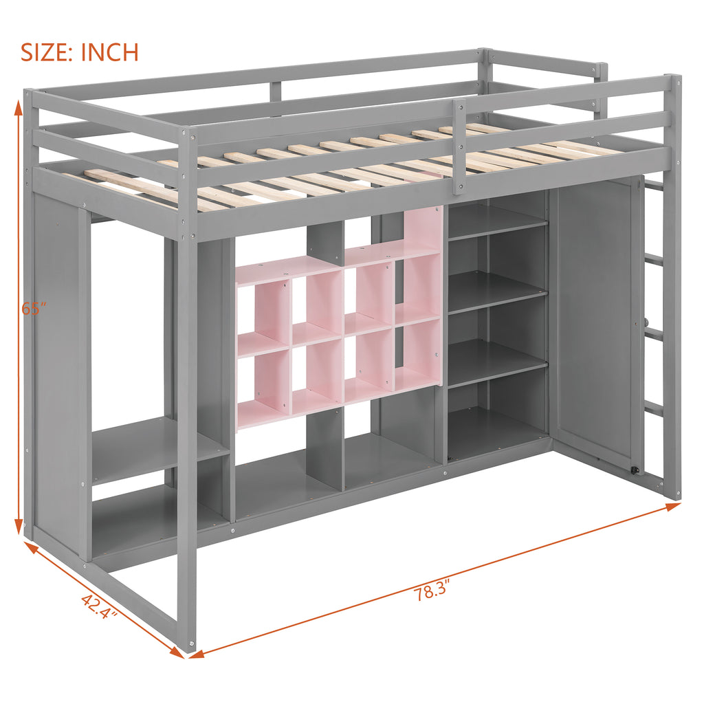 Wooden Loft Bed with Wardrobe & Colorful Storage Shelves, Space-Saving Teen Loft Bed with Reversible Stairs