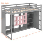 Wooden Loft Bed with Wardrobe & Colorful Storage Shelves, Space-Saving Teen Loft Bed with Reversible Stairs