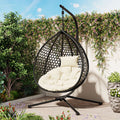GDFStudio Anderson Hanging Egg Rattan Chair with Stand and Soft Removable Cushion, Black/Beige