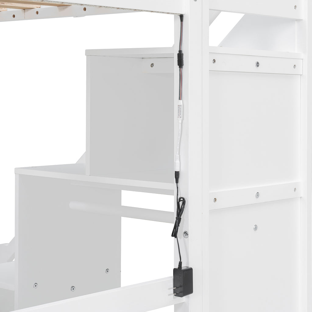 Bunk Bed with Stairs, Desk & LED Lights, Space-Saving Storage Bunk Bed with Drawers for Kids & Teens