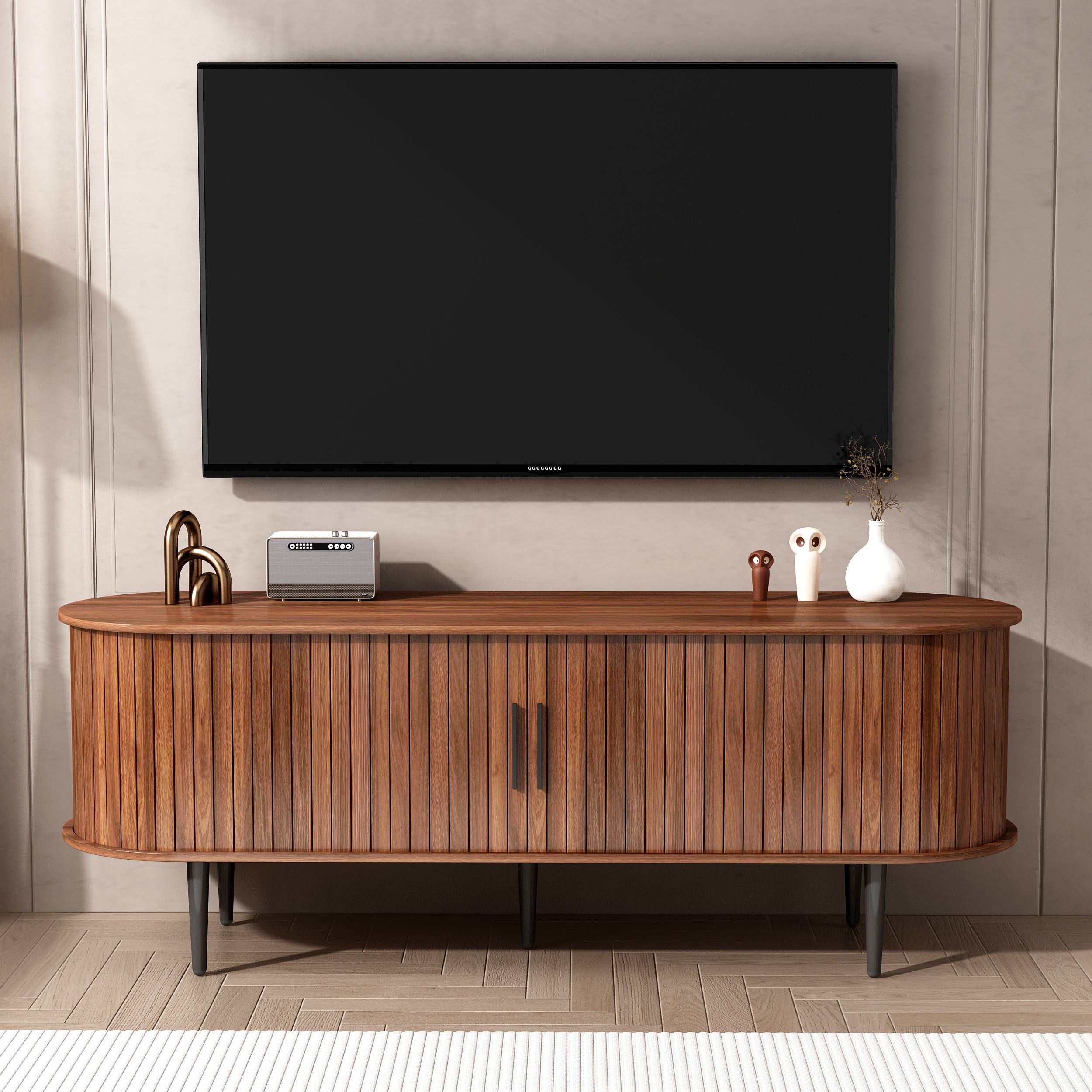 GDFStudio Fennik Mid-Century Modern Wooden TV Stand with Sliding Door, Walnut/55"W