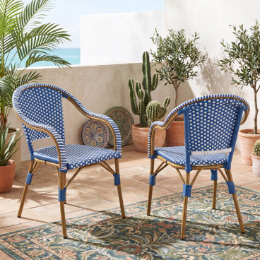 Christopher Knight Home Lotte French PE Rattan Outdoor Dining Armchair (Set of 2), Blue/Natural