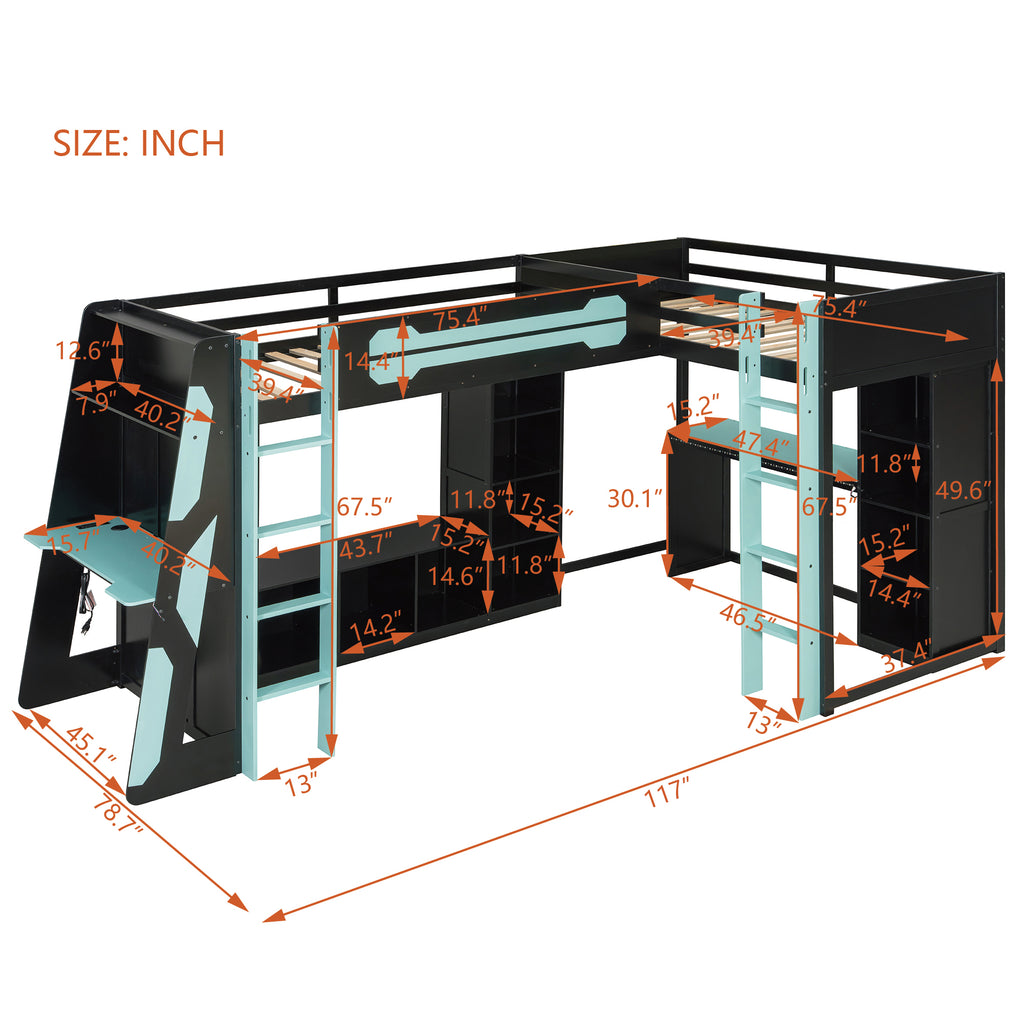 L-Shaped Twin Bunk Bed with LED Lights, USB Ports, TV Stand & Storage Shelves, Solid Wood Gaming Bed Frame