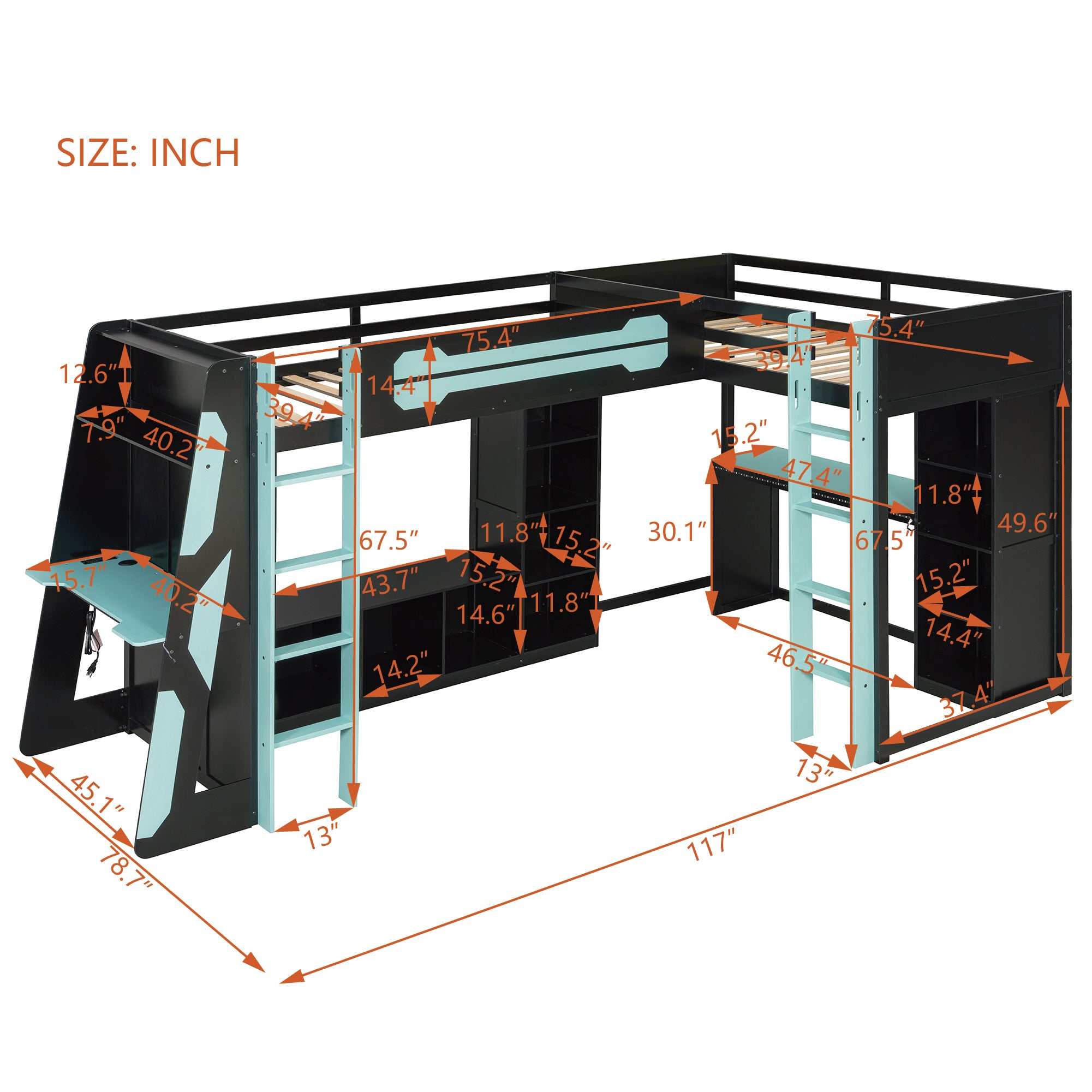 L-Shaped Twin Bunk Bed with LED Lights, USB Ports, TV Stand & Storage Shelves, Solid Wood Gaming Bed Frame