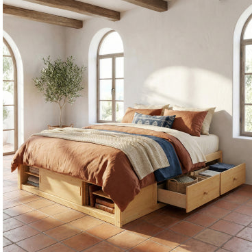 GDFStudio Ward Platform Bed with 4 Storage Drawers and Footboard Storage Cubby, No Headboard, Queen Size, Natural