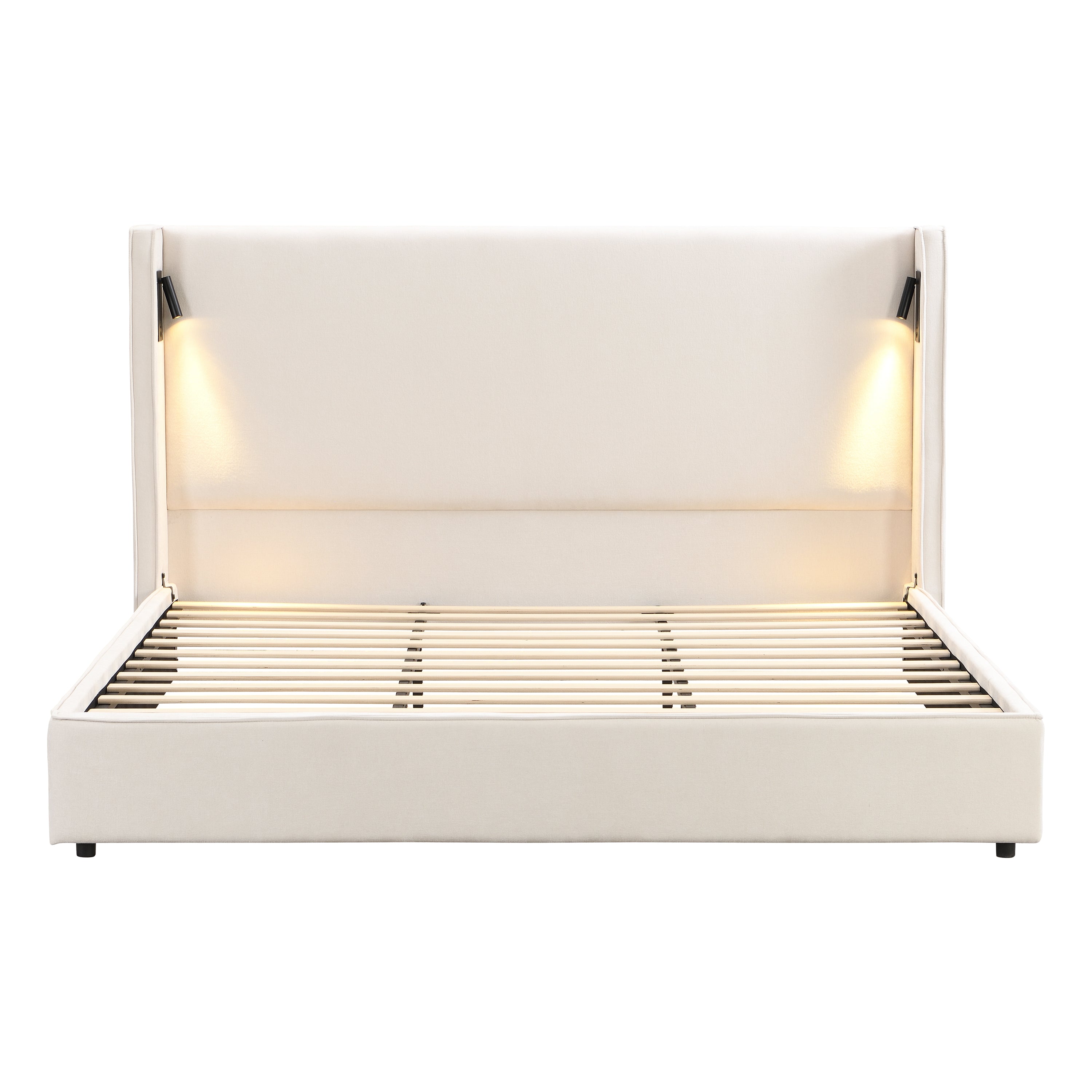 Christopher Knight Home Angelo Wood Upholstered Platform Bed with Headboard and Reading Lamp, White, King