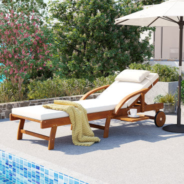GDFStudio Ruiz 77.5" Adjustable Acacia Wood Outdoor Lounge Chair Frame with Cushions, Beige