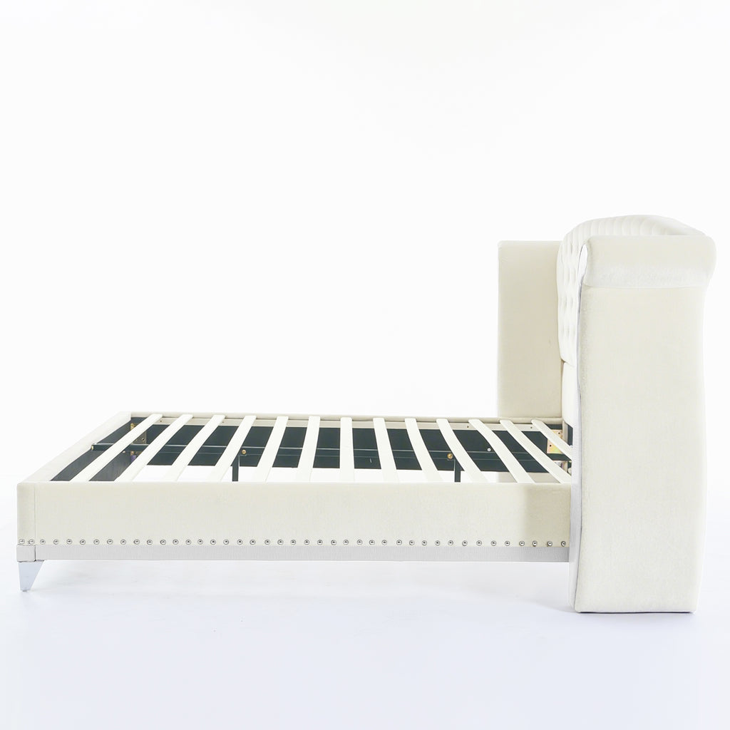 Christopher Knight Home Modern Velvet Wingback Tufted Platform Bed with Nailhead Trim and Silver Legs