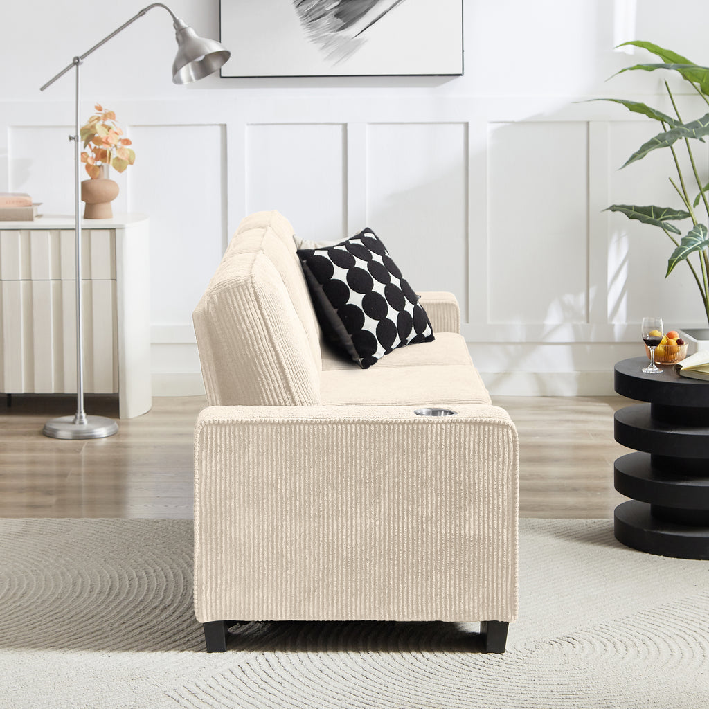 GDFStudio Everly 84" Corduroy Couch with Built-In Cup Holders, Beige