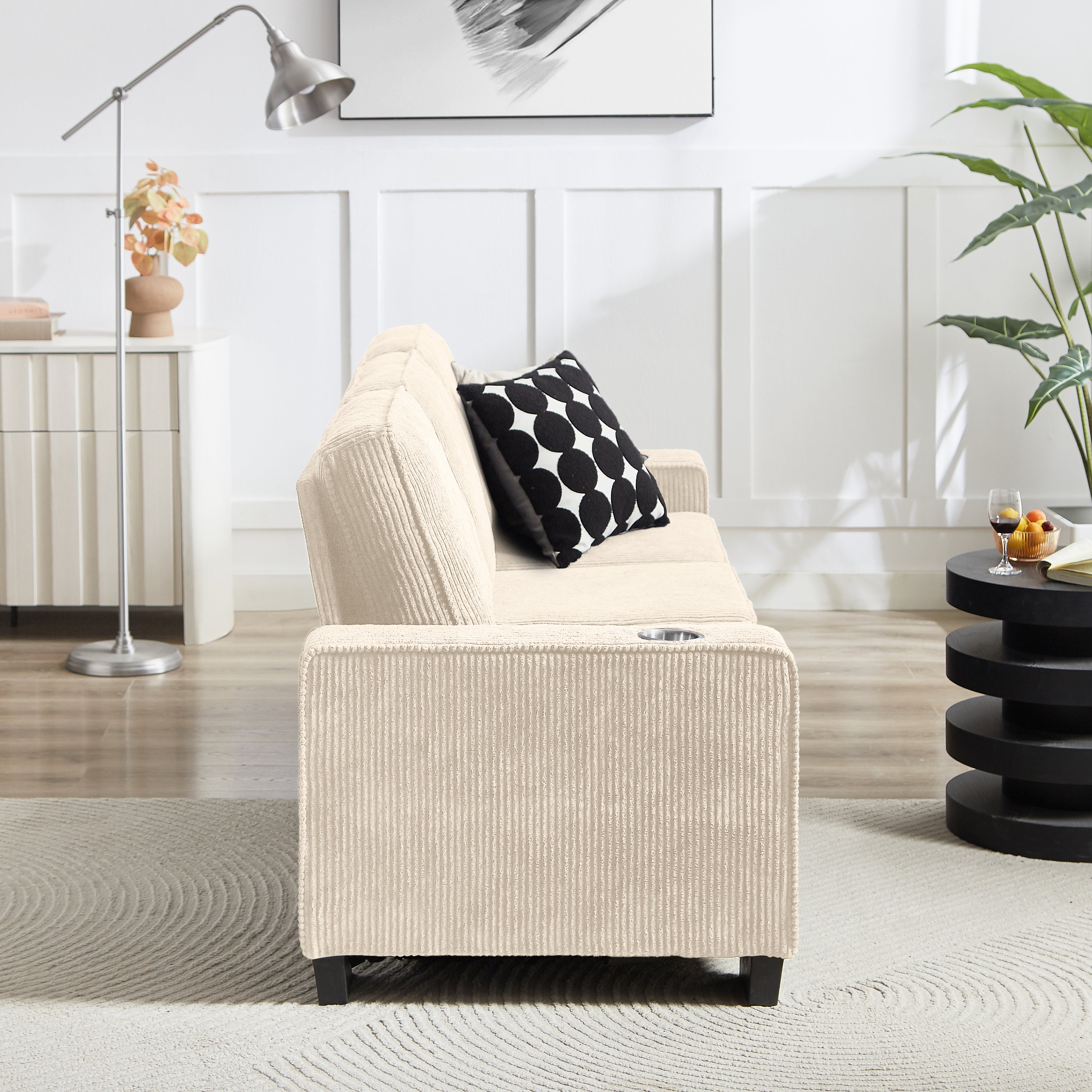 GDFStudio Everly 84" Corduroy Couch with Built-In Cup Holders, Beige
