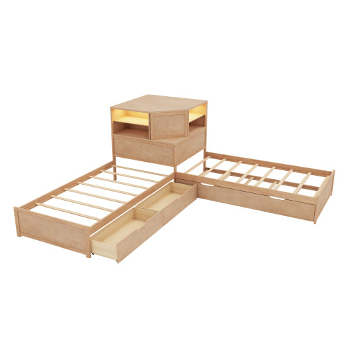 GDFStudio Tobey L-shaped 3-in-1 Corner Platform Twin Bed with Storage and Trundle, Natural