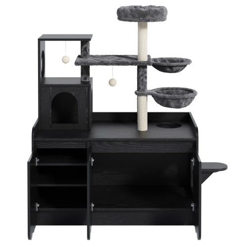 GDFStudio Oliver Modern Wood Multi-Level Cat Tree with Hidden Litter Box Enclosure, Hammocks & Scratching Posts, Black