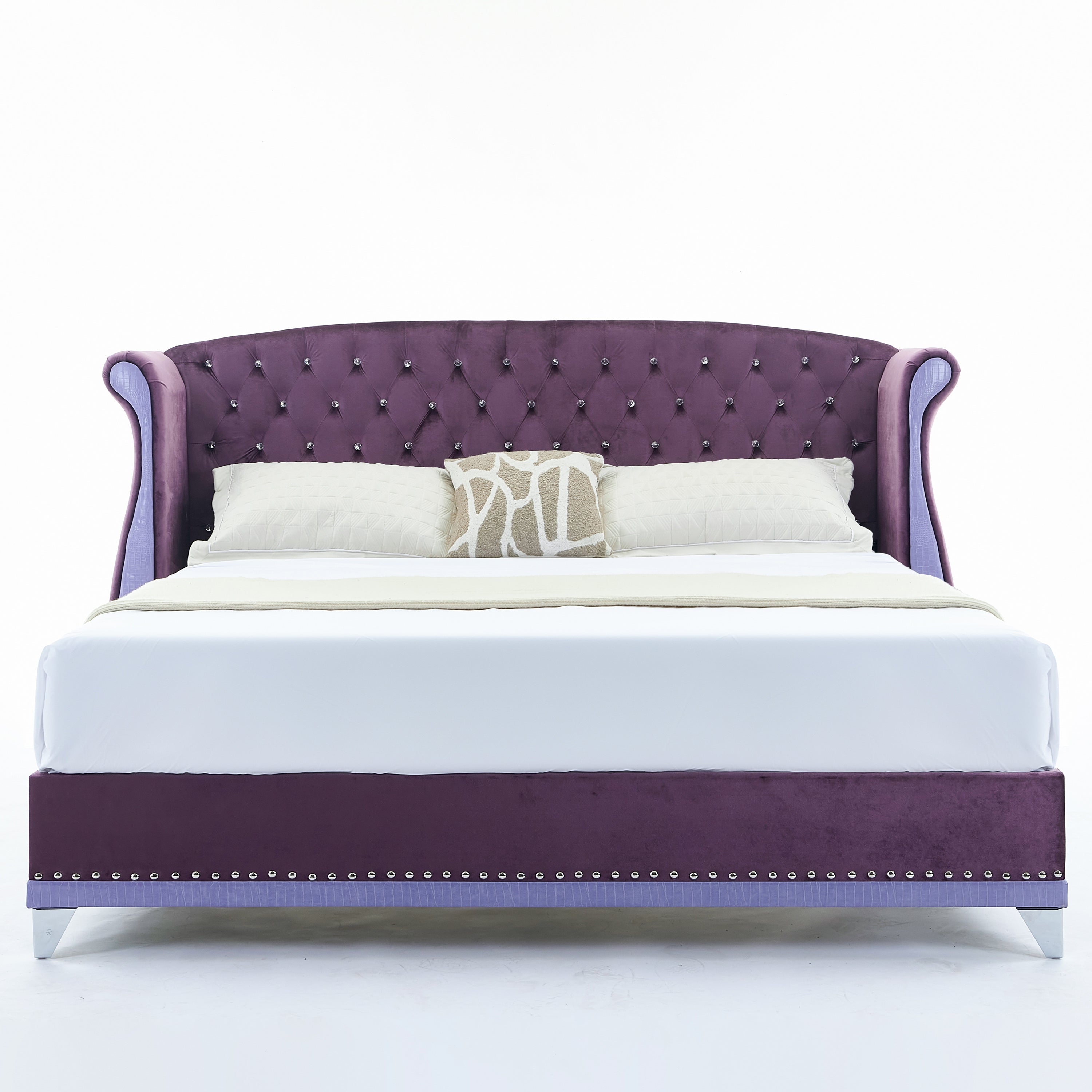 Christopher Knight Home Modern Velvet Wingback Tufted Platform Bed with Nailhead Trim and Silver Legs