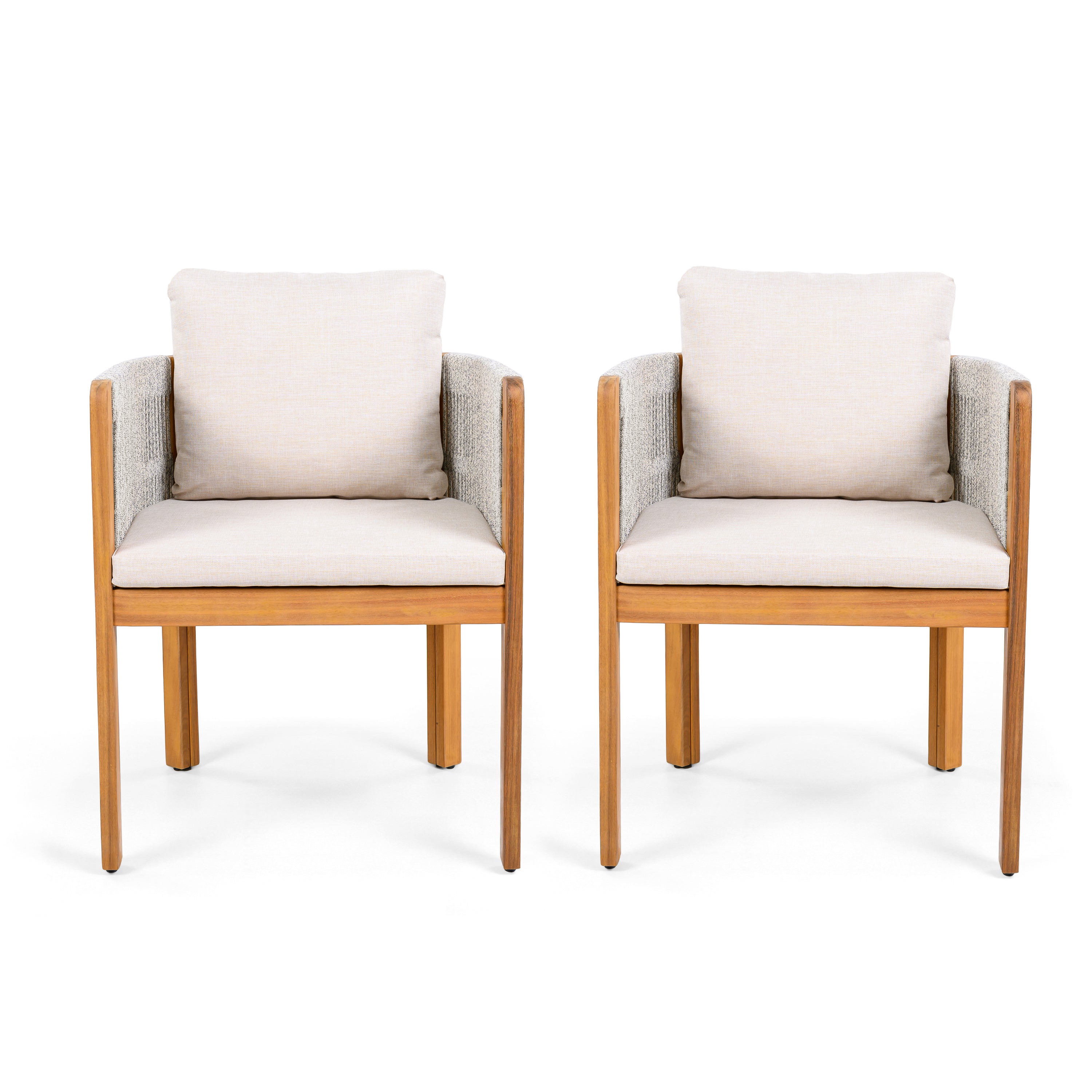 Christopher Knight Home Percival Modern Coastal Acacia Wood Outdoor Dining Chairs with Rope-Wrapped Arm and Cushions (Set of 2), Beige/Teak
