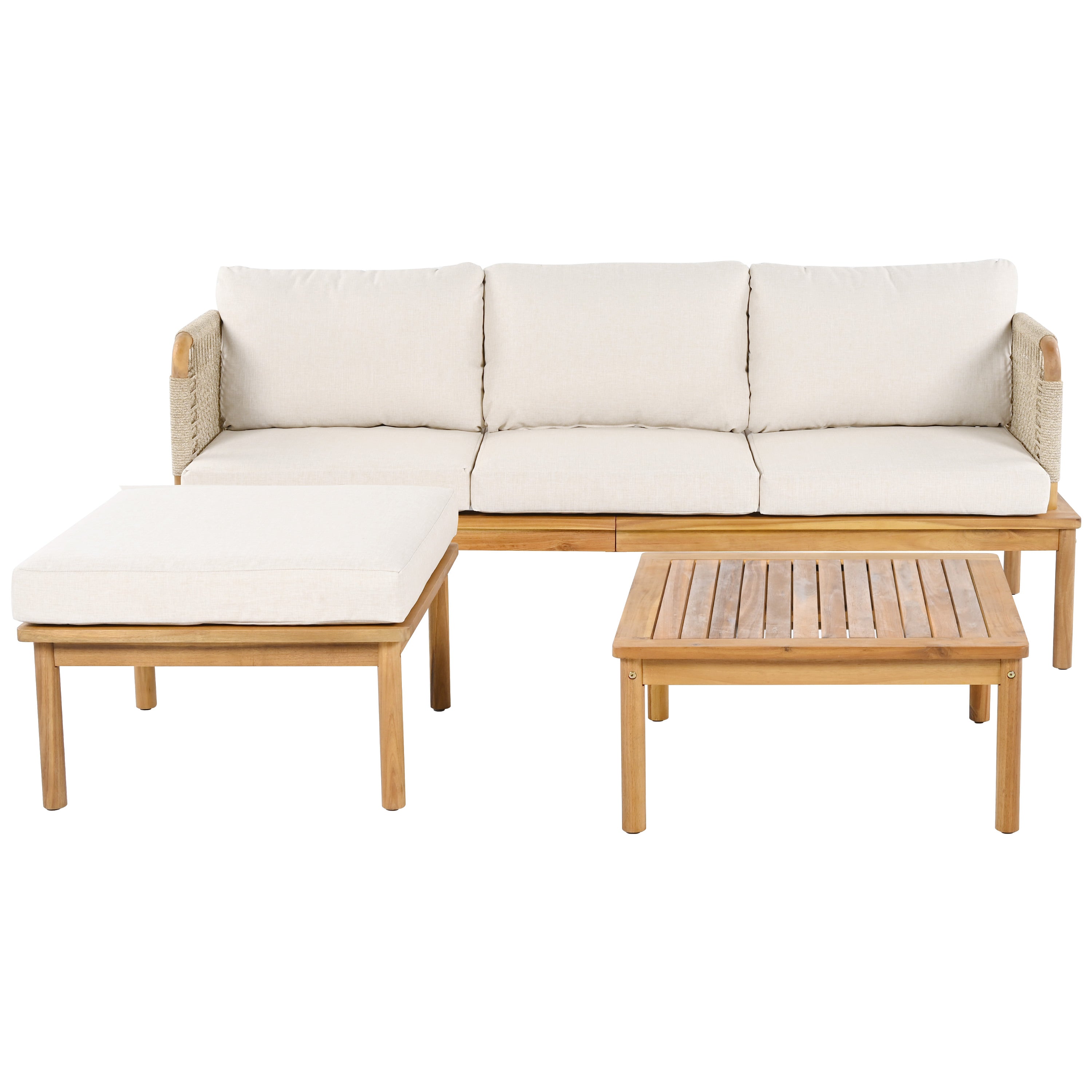 Christopher Knight Home Valencia Outdoor 3 Pieces Rustic Acacia Wood and Rope Weave Upholstered Seating Set, Teak/Beige