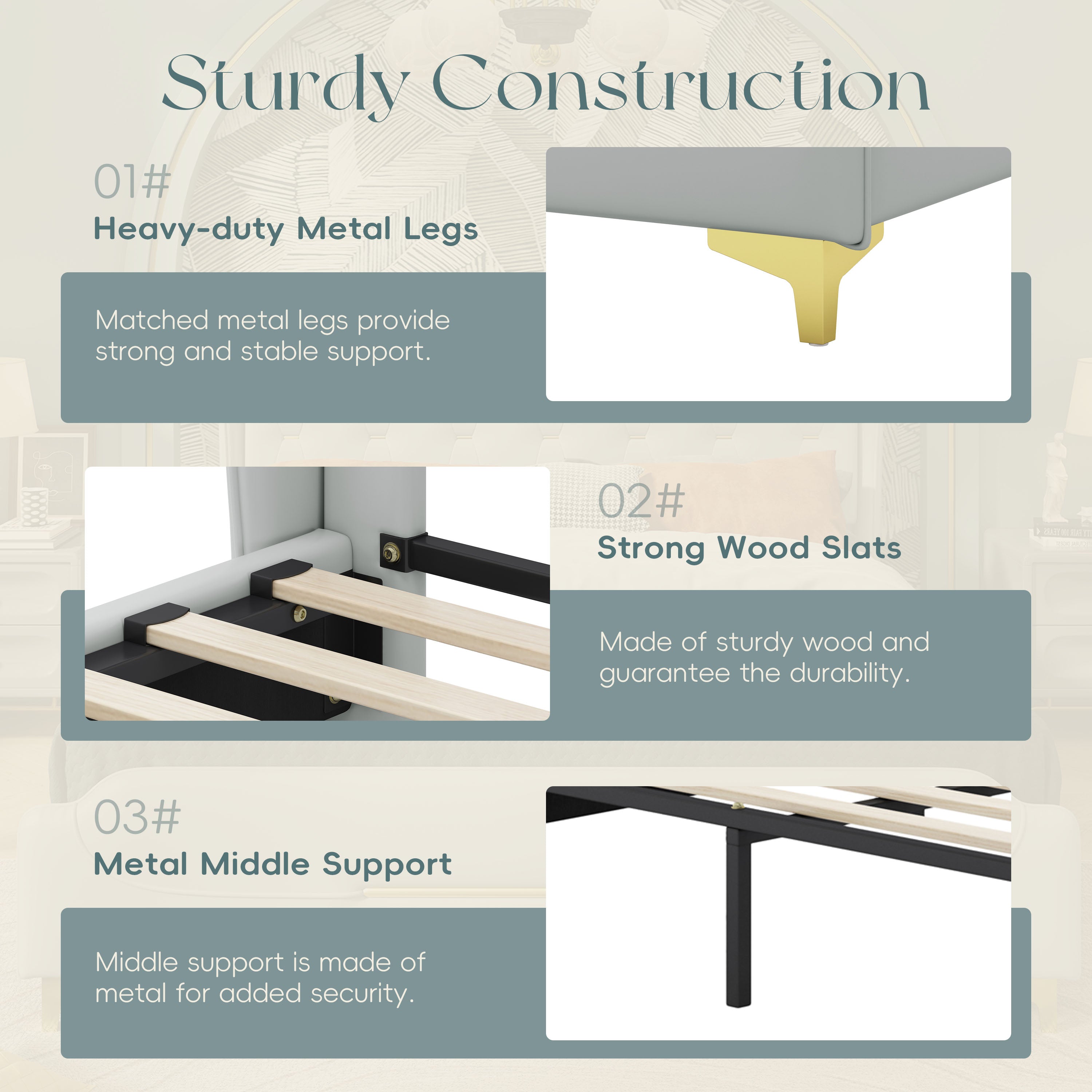 Christopher Knight Home Modern Faux Leather Platform Bed with Gold Metal Accents & Sturdy Wood-Metal Frame
